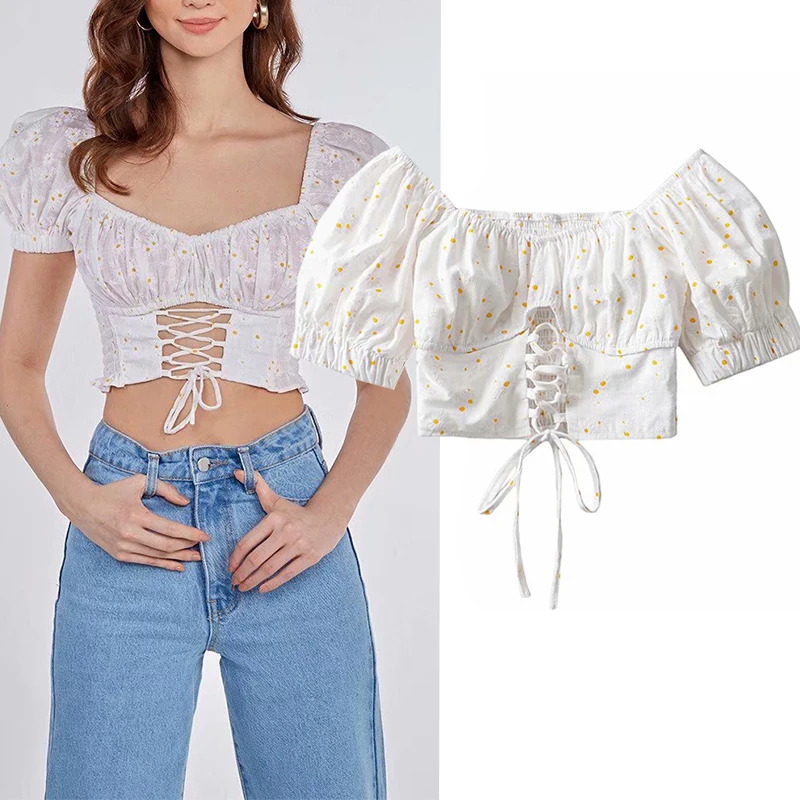 

WESAY JESI 2021 Summer Women Sexy Blouse Short Sleeve Shirt Casual Floral Blouse Vintage Square Neck Lace Up Ladies Elastic Top