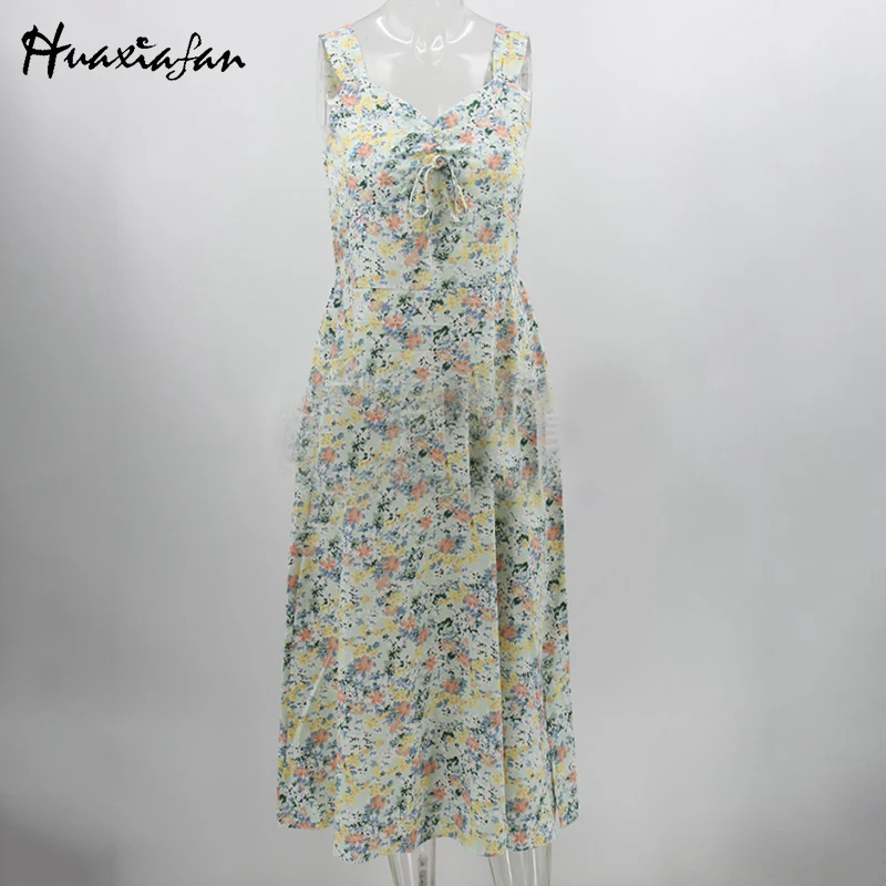 

Huaxiafan Floral Print Midi Strap Dresses Women Summer Beach Flower Split Elastic Waist Sexy Party Long Prom Dress Female 2021