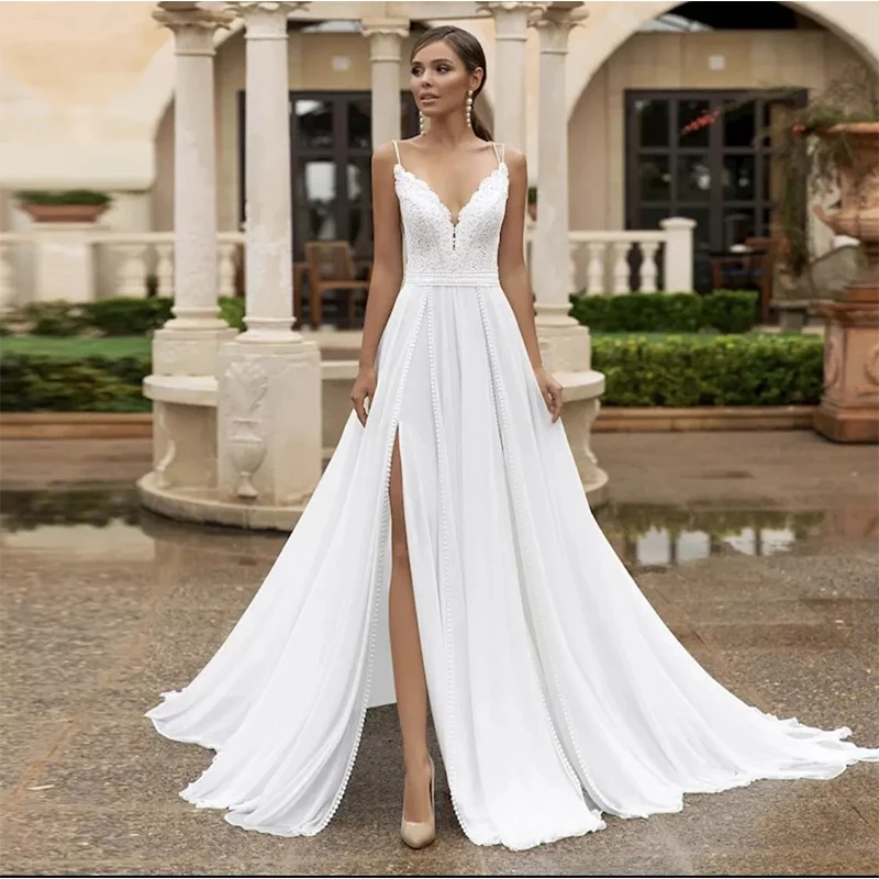 ChuYu 2021 Lace Chiffon Spaghetti Straps V Neck Sexy Side Slit Vestido De Novia Long A-line Wedding Dress Formal Occasion