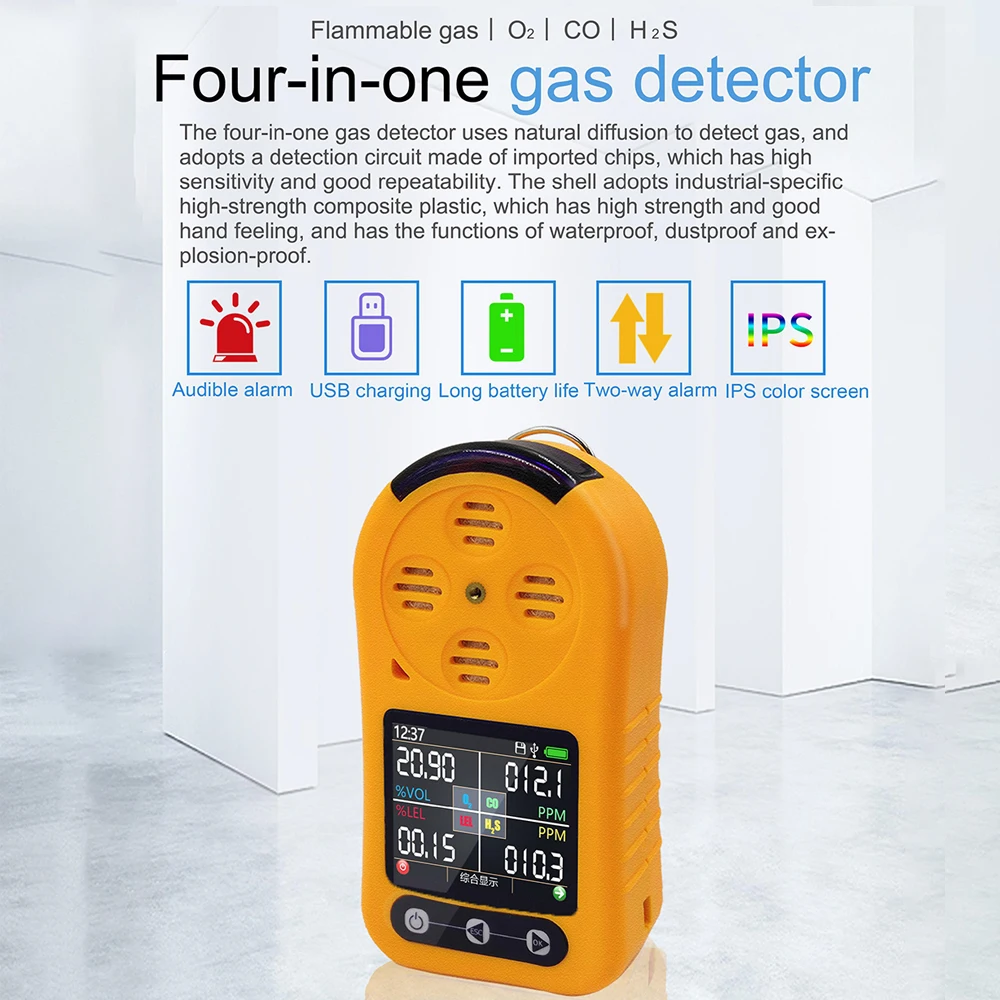 

4 in 1 Gas Detector O2 H2S CO LEL Gas Meter Oxygen Combustible gas Hydrogen Sulfide Carbon Monoxide Gas Leak Detector
