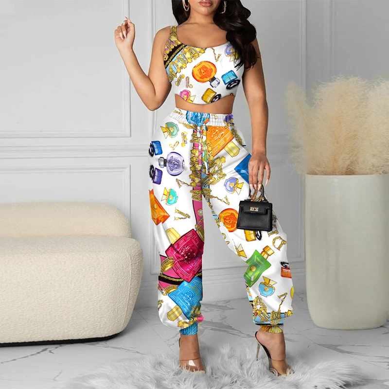 

Женский Повседневный костюм, летний комплект из двух предметов с принтом, элегантный короткий топ с круглым вырезом и широкие брюки со шнур...