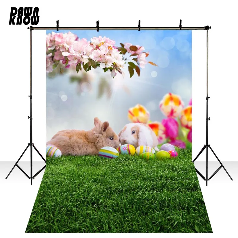 

DAWNKNOW Happy Easter Day Rabbit Flower Egg Photography Background Green Grass Children Photocall Photographic Backdrop lv1701