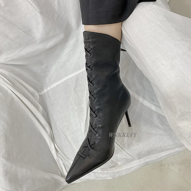 

Elastic slim mid calf boots women sexy pointed toe soft leather thin high heel shoes runway design autumn short boots female