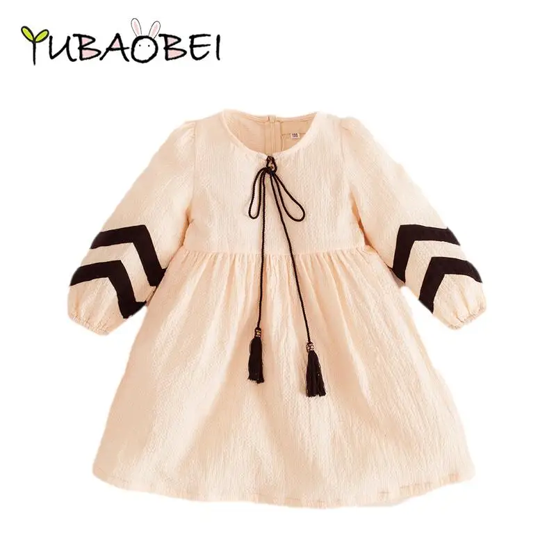 korean style tassel spring fall baby teens girls cotton dress kids princess costume 3-12 yrs toddler vintage party frocks | Детская