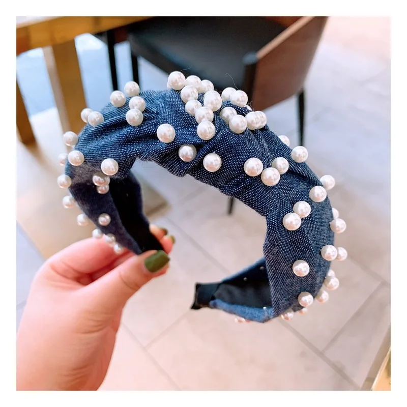 ВИНТАЖНАЯ ДЖИНСОВАЯ повязка на голову с жемчугом широкие обручи перехлёстом