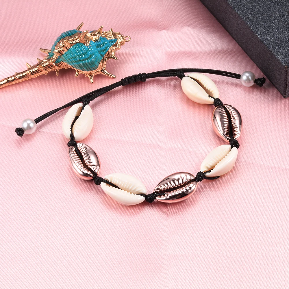 High Quality Women Shells Bracelets Rose Gold Color Natural Shell Knit Bracelet Bangle Jewelry Summer Beach Girl Gift Free Size | Украшения