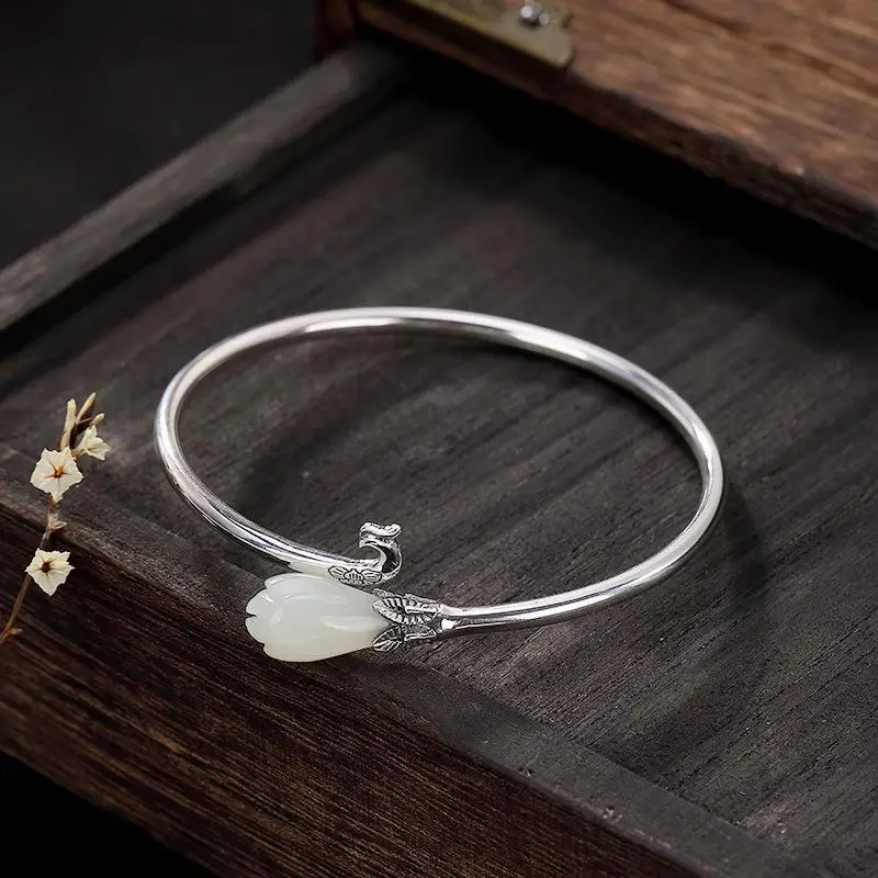 

(Hetian) нефрита, белый халцедон классический браслет с магнолией элегантный Феникс дизайн в стиле «Бохо Стиль Регулируемый Дамский бренд ювел...