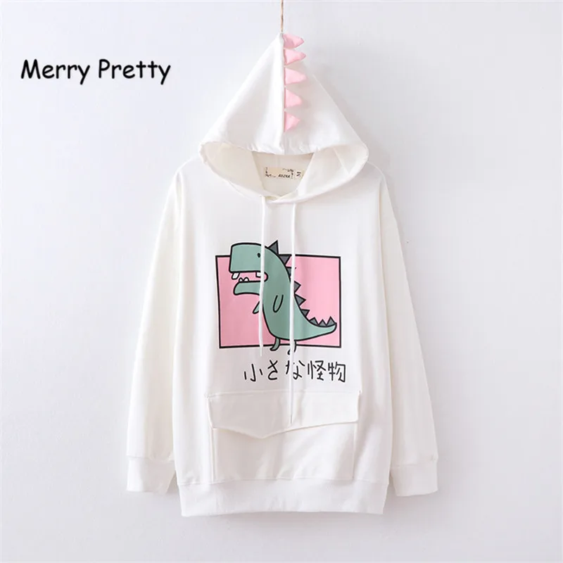 Merry Pretty осень весна толстовка с капюшоном для женщин мультфильм Динозавр печатных девочек сладкий шнурок пуловеры с рогами на капюшоне