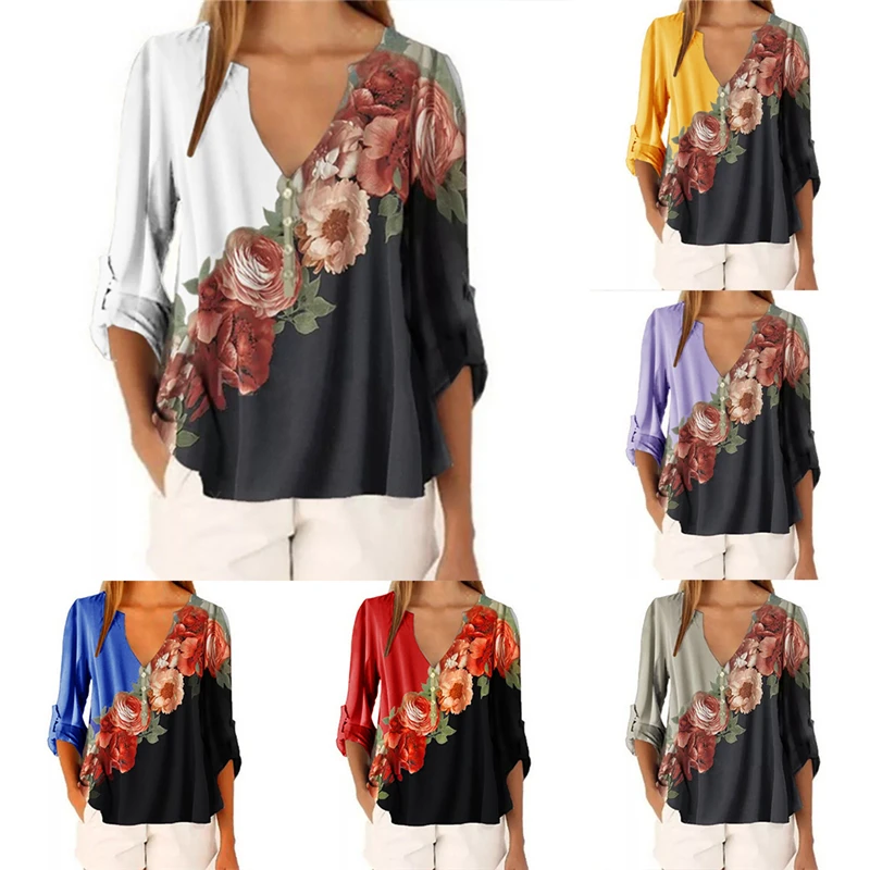

New Style Ladies Blouse Fashion Floral Print Loose Casual Half Sleeve Beach Top Office Work Ladies Blouse Feminina Top