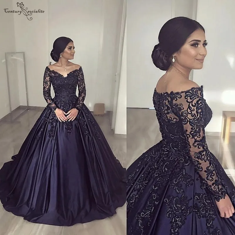Темно-синее атласное платье Quinceanera с Длинным Рукавом Кружевная аппликация