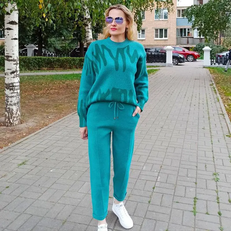 

Женский кашемировый спортивный костюм, вязаный свитер и брюки-карандаш оверсайз