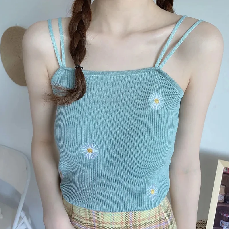 

Women Fashion Knitted Cropped Tops Floral Camisole Female Bottomed Sexy Slim Camis Summer Daisy Girl Sleeveless Casual Tops