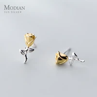 modian gold color rose flower jewelry for women charm tree leaf classic real 925 sterling silver fashion stud earrings gift