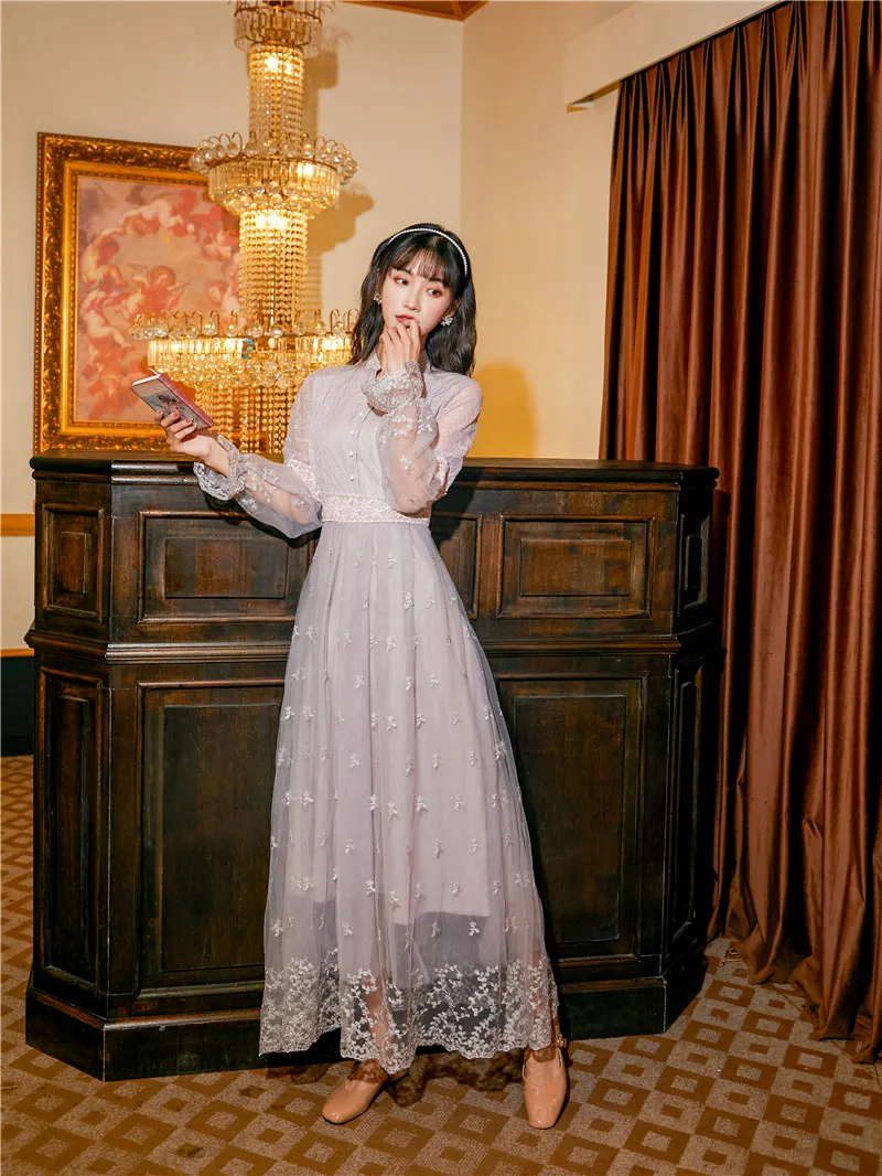 2021 Spring Embroidery Party Dress Lace Long Women Vintage Lady Full Sleeve Evening Elegant Mid-Calf | Женская одежда