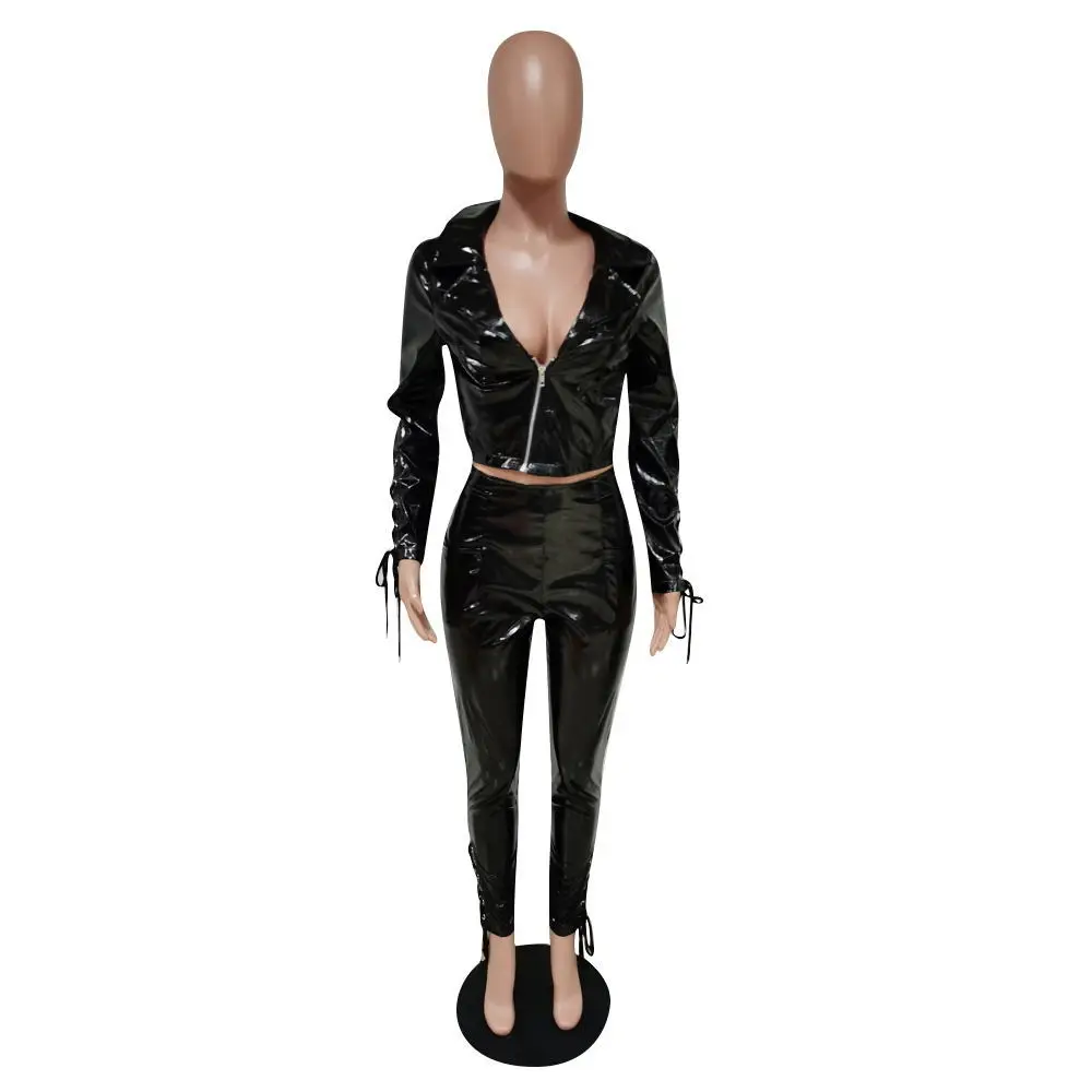 

Autumn Winter Women Two Piece Set PU Leather Suit Long Sleeve Zipper Front Lace-up Black Jacket Slim Pants suit Hight Street