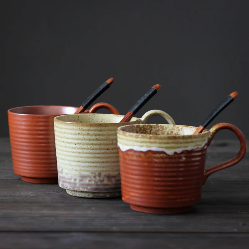 400 мл чашка для кофе ручной работы из грубой керамики с деревянной ложкой