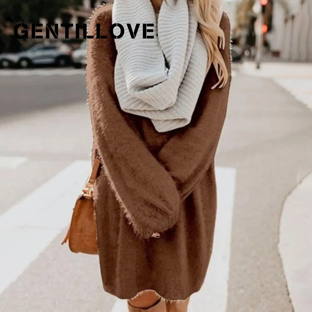 

Jocoo Jolee Women Autumn Long Sleeve O Neck Plush Fleece Warm Mini Dress Casual Solid Loose Sweater Dress Party Club Dresses