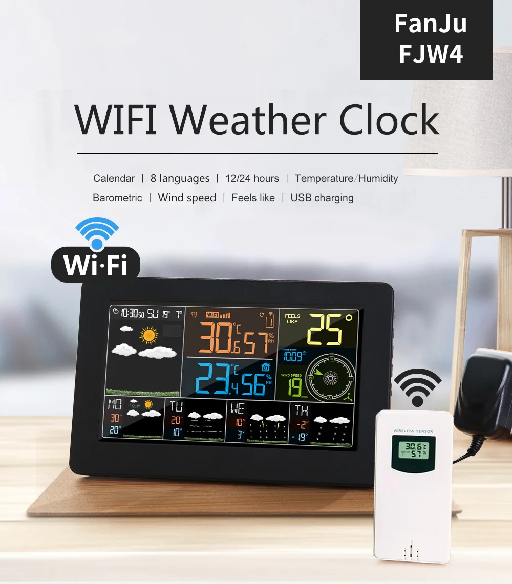 FanJu wifi цифровая метеостанция Время Календарь Температура Влажность скорость направления ветра 5 дней погода настенные часы