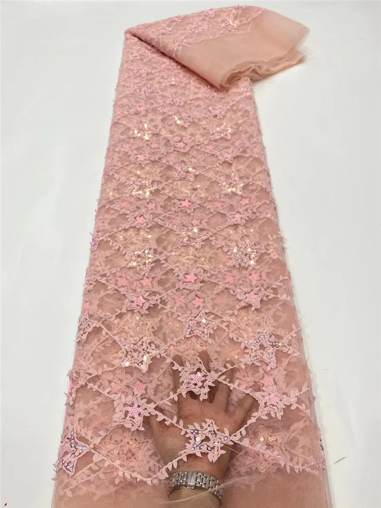 

2021 High Quality French Net Lace Fabric Sequins Bridal Tulle Material Embroidery African Dress Cloth Telas Tissus Sewing PN1