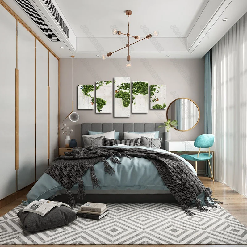 

European Style Canvas Material Decorative Painting 5PCS Green Leaves Combination Map with Butterfly Pattern Background Poster