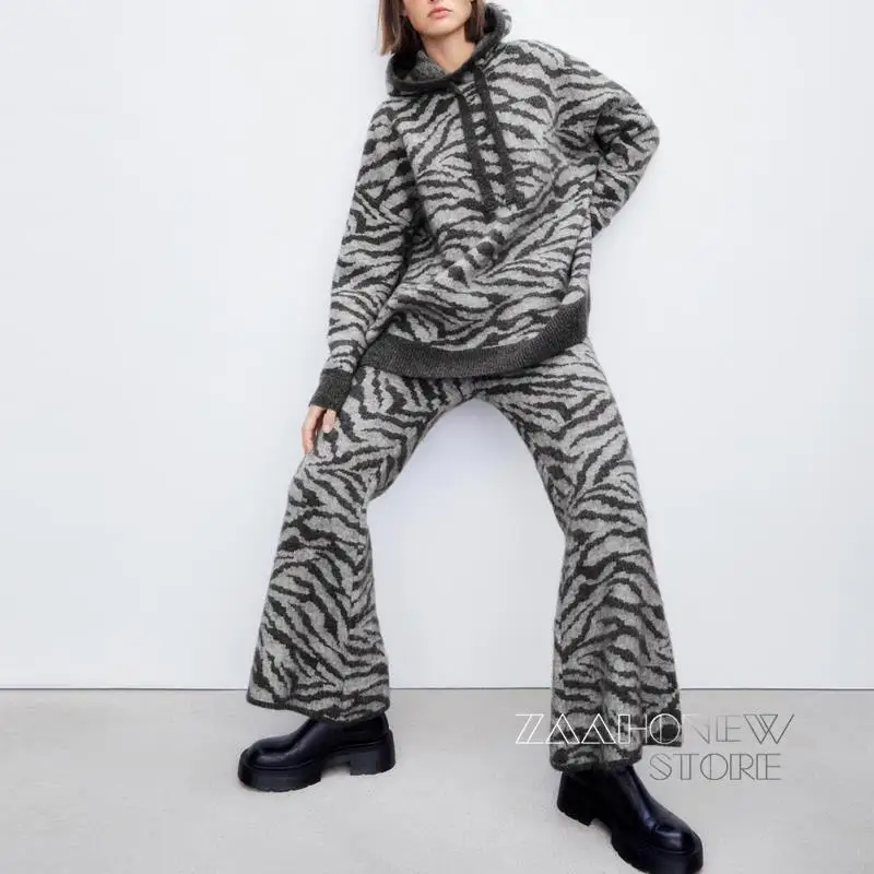 

ZAAHONEW 2022 осень-зима женский винтажный комплект из 2 предметов с зеброй Повседневный свитшот с капюшоном и брюки костюм женские брюки наряды