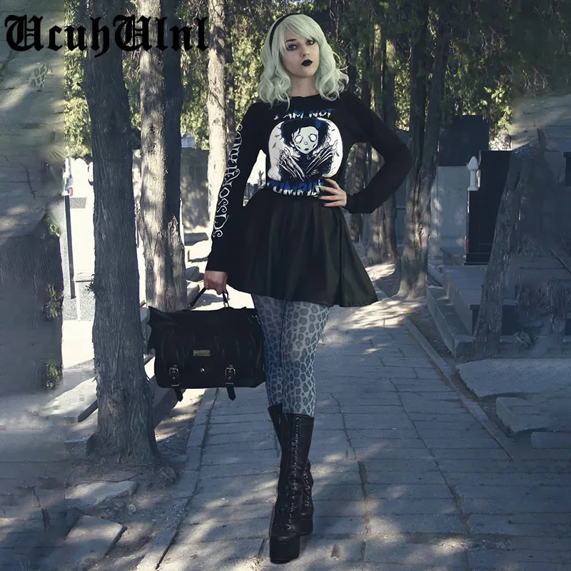 

Punk Goth Letter Print Black Hoodies Gothic Harajuku Long Sleeve Pullover Hoodies Streetwear Y2K Women O Neck Hoodies