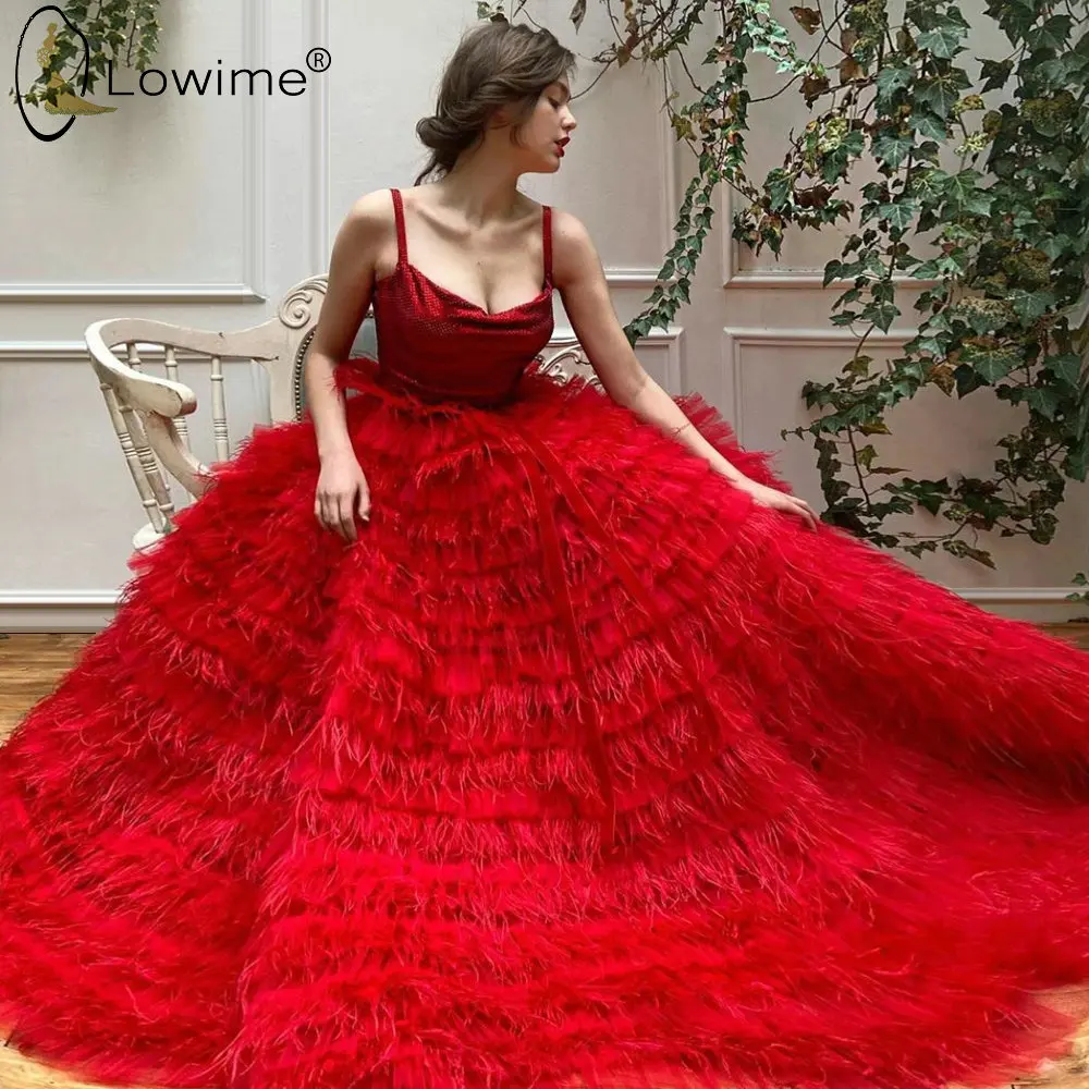 Великолепные красные вечерние платья с перьями А силуэта Vestido De Festa Robe Soiree для