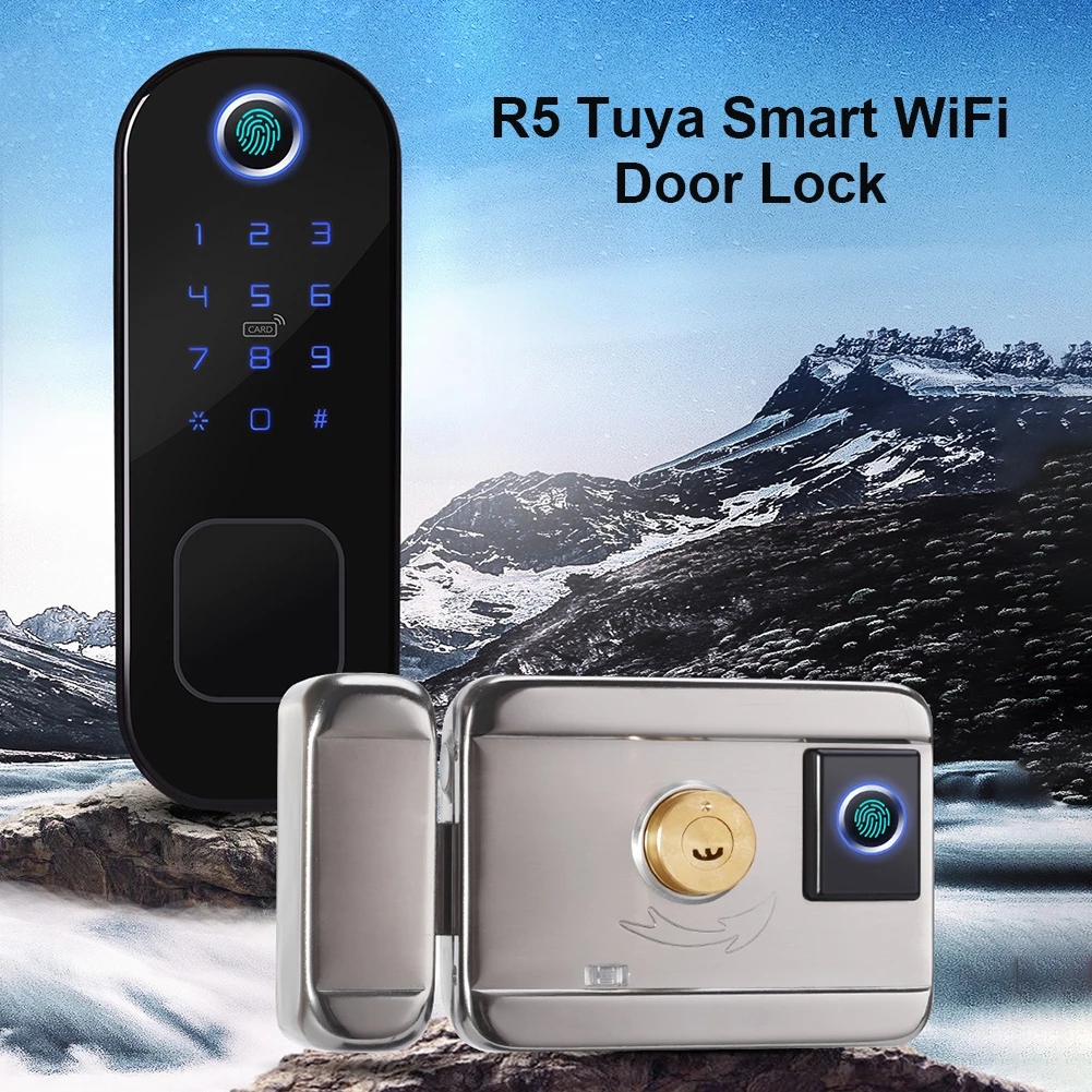 

R5 Tuya Smart WiFi Door Lock Fingerprint Password Security Micro USB Power Supply RFID Card Lock for Wooden Door Steel Door