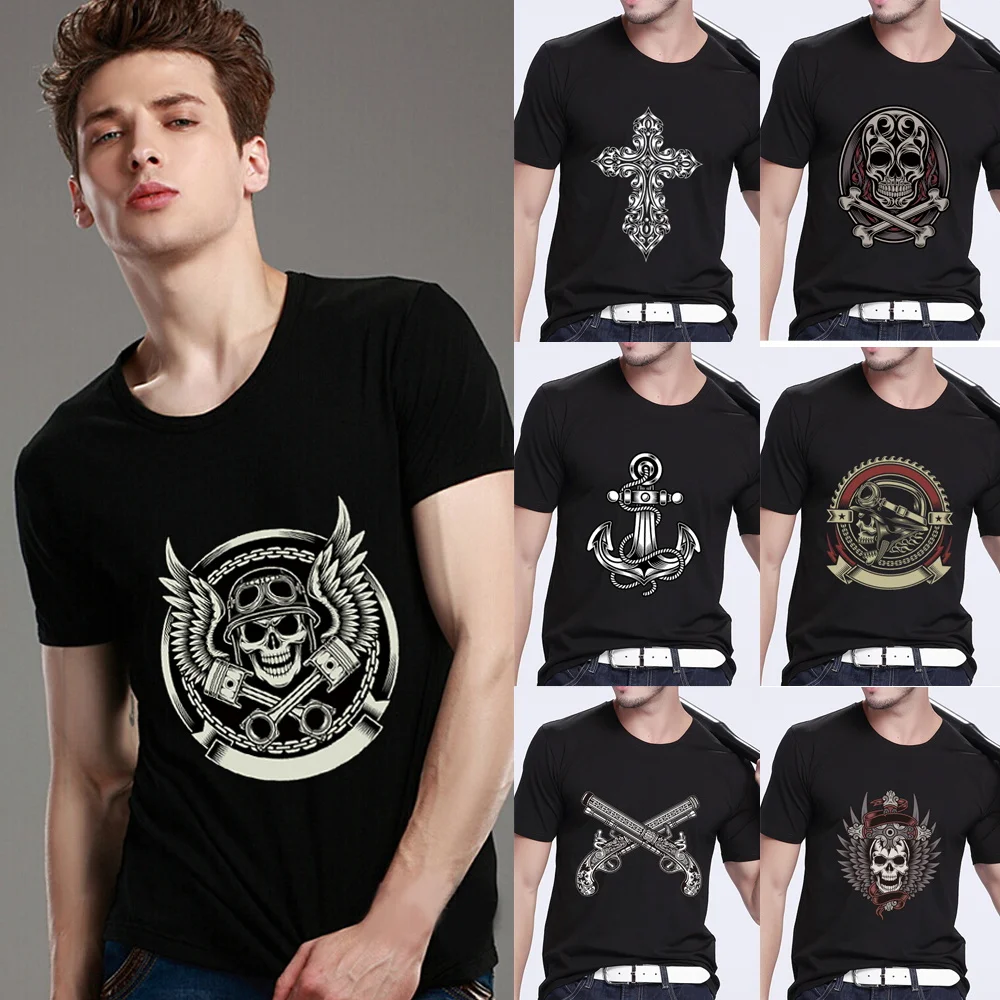 

Summer Men's T-Shirts Black Classic O-Neck Short Sleeve Tee Fashion Street Style Skulls Pattern Male Tops Youth Man Clothing
