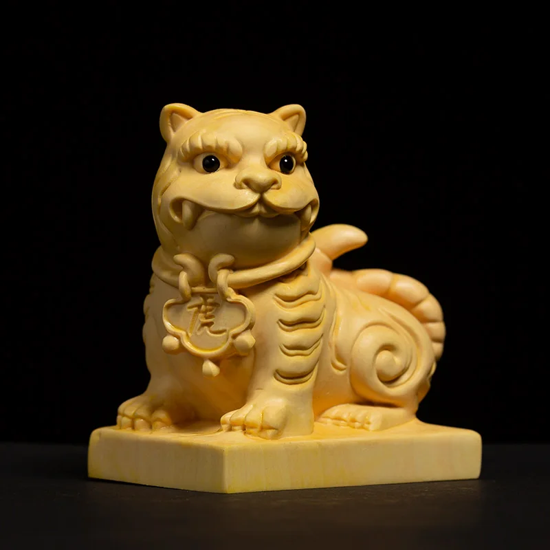 

7cm Tiger Boxwood Statue Living Room Lucky Small Animal Solid Wood Decoration Crafts Cute Zodiac Tiger Mascot