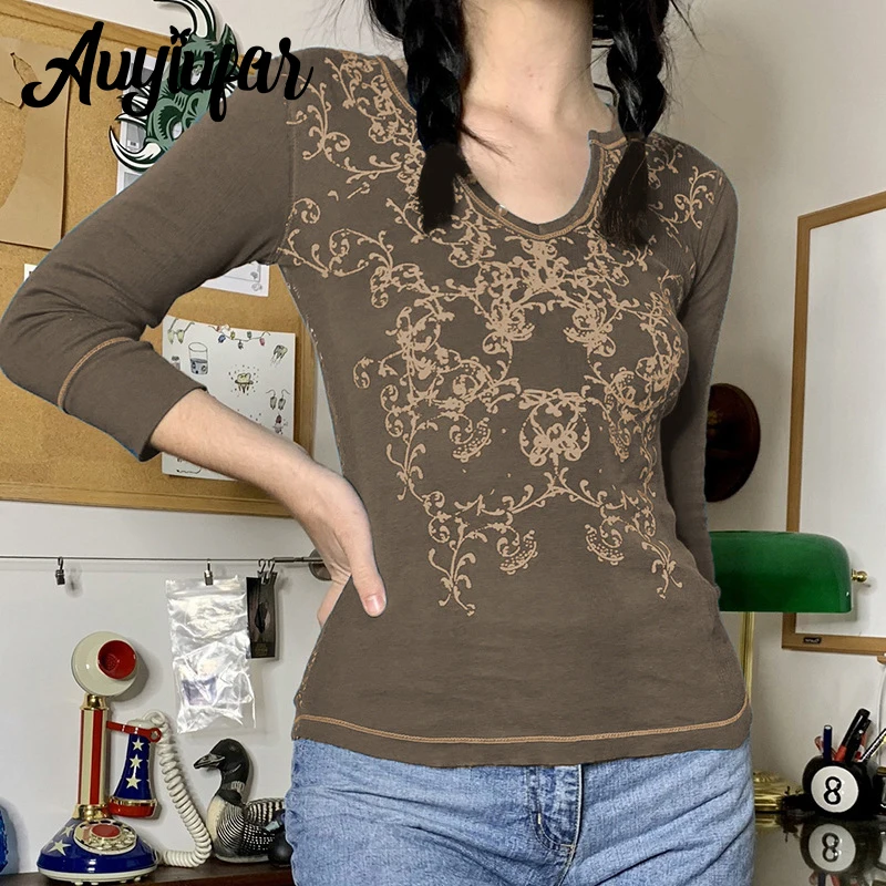 

Auyiufar Brown Fairy Grunge Long Sleeve Top V Neck Print Casual Retro Aesthetic Tees Goblincore Renaissance Women Fall Clothing