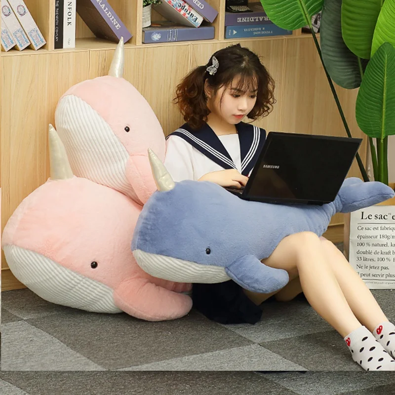 

Hot Nice 1PC 60CM-120CM Narwhal Plush Toy Lovely Unicorn Whale Doll Soft Stuffed Fish Blue Whale With horn pillow Christmas Gift