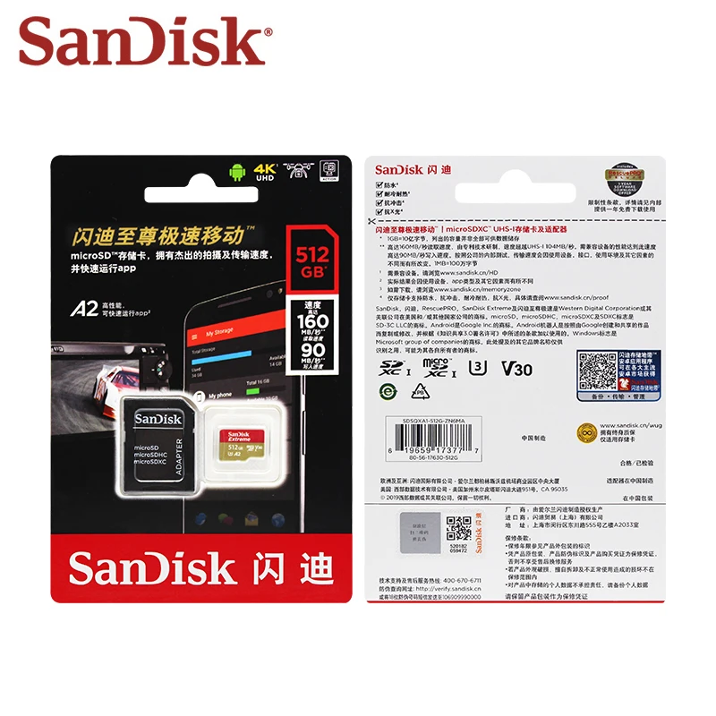 100% Original SanDisk Memory Card 1TB Max Read Speed 160M/s A2 Class 10 400GB 512GB UHS-I Micro SD Card V30 U3 TF Card