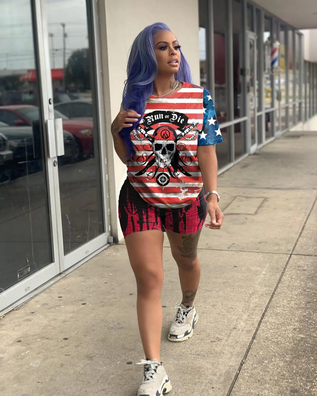 

European new leisure flag print sports two piece set of fashionable loose o-neck short sleeve T-shirt and shorts women's set