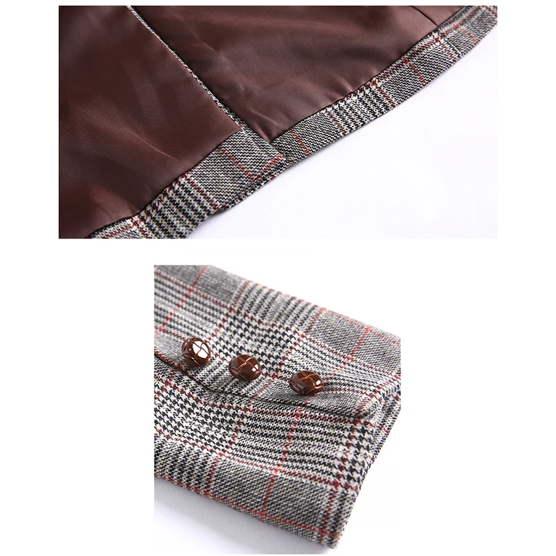 

New Female Houndstooth Short Blazer Spliced Gray Full Sleeve Notched Collar Graceful Coat Women Single Button OL Top Autumn