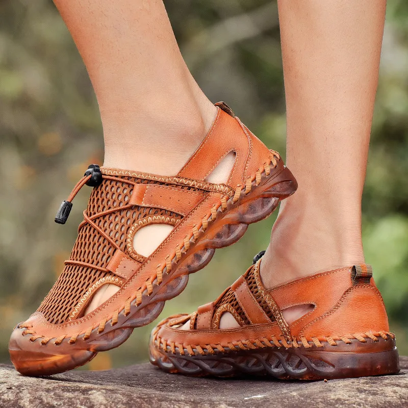 2021 New Summer Men's Handmade Mesh Sandals Classic Black Casual Sandals Men Comfort Soft Anti-skid Hiking Climbing Shoes Men