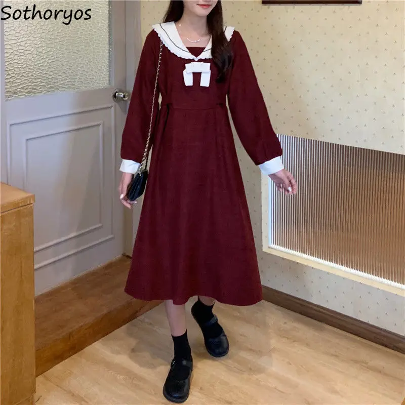 

Женское платье с длинным рукавом, лоскутное платье до середины икры с высокой талией и матросским воротником, винтажное универсальное плат...