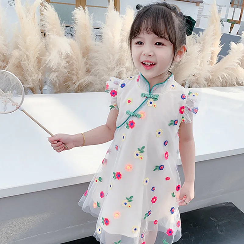 

DFXD Toddler Girl Dress New Summer Fly Sleeve Flower Embroidery Cheongsam Dress Chinese Style Slim Mesh Dress 2-7T Kids Vestido