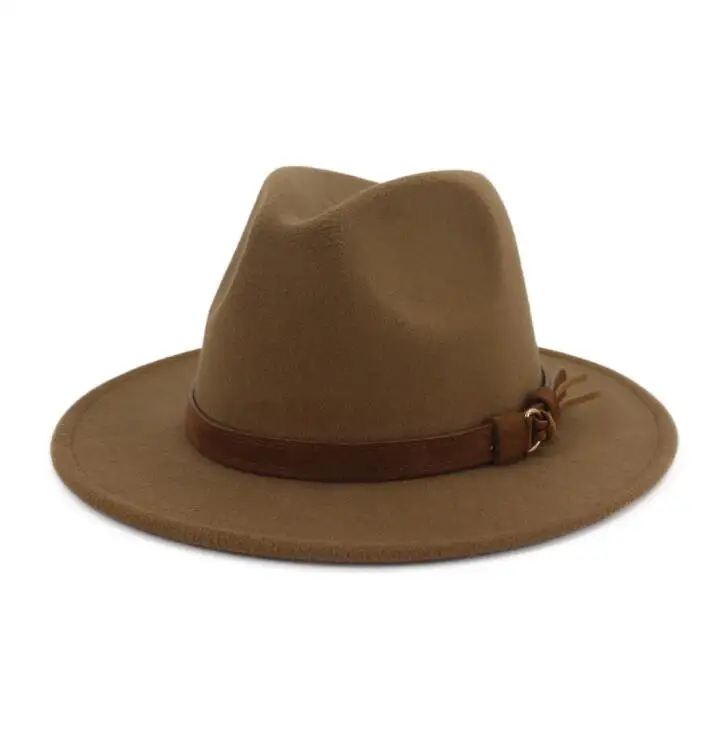 Шерстяная шляпа Fedora для женщин и мужчин, джаз, церковь, Панама, шляпа с кожаная лента, Элегантная Леди, зима, осень, широкие шляпы сомбреро - Цвет: khaki