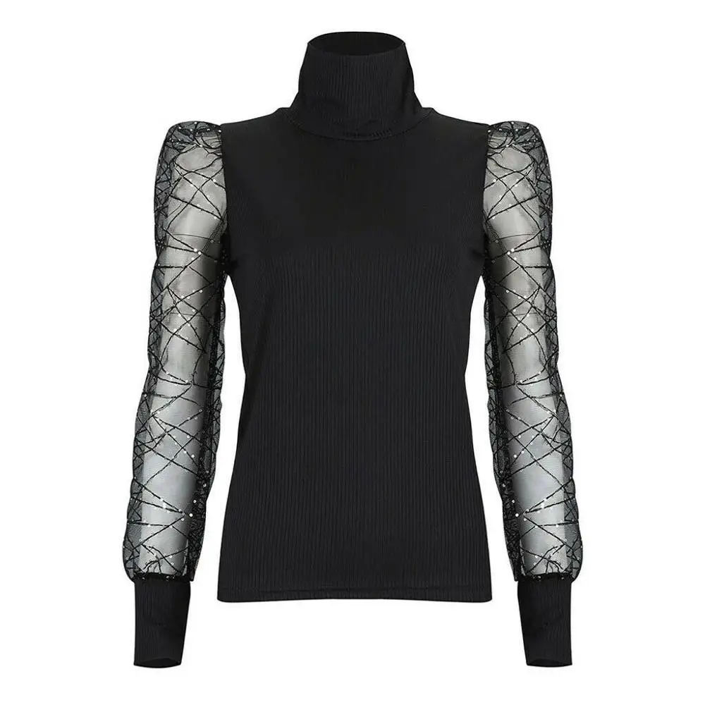 

Women Casual Blouse Sexy Perspective Mesh Shiny Sequins Puff Sleeve T-shirt Tops