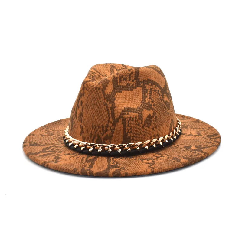 New Wool Fedoras Hats Women Autumn Winter Snake Print Chain Wide Brim Panama Jazz Caps Vintage Cowboy Hat Men F113