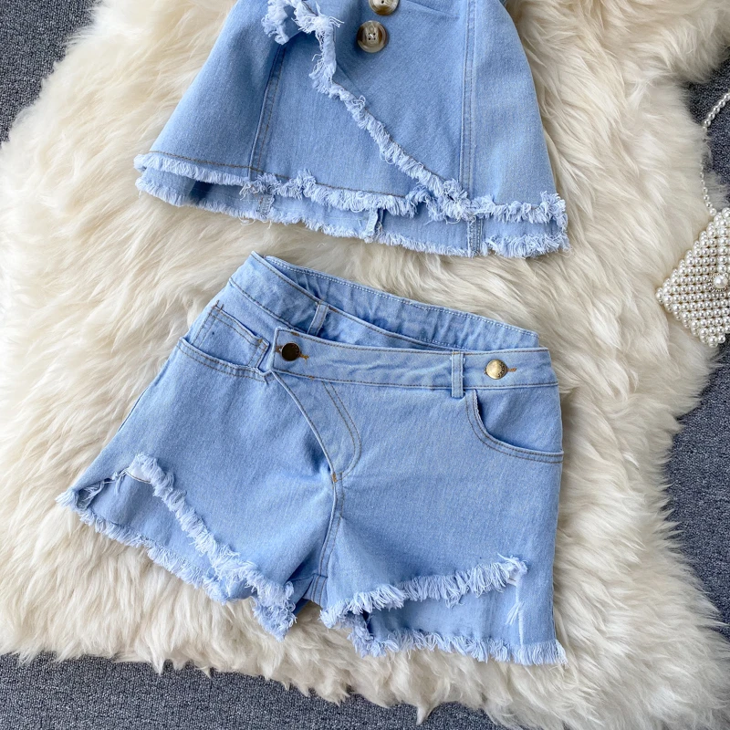 

2021 Women Summer Tassel Strapless Jeans Tops+ Shorts Sets Chic Design Woman Denim Short Pants Suit Outfits