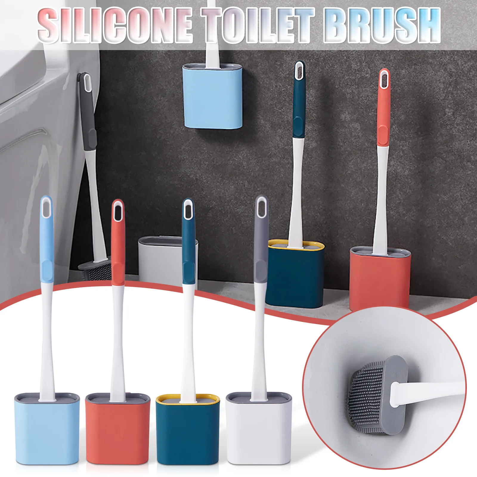 

Toilet Brush Water Leak Proof With Base Silicone Wc Flat Head Flexible Soft Bristles Brush with Quick Drying Holder Sets