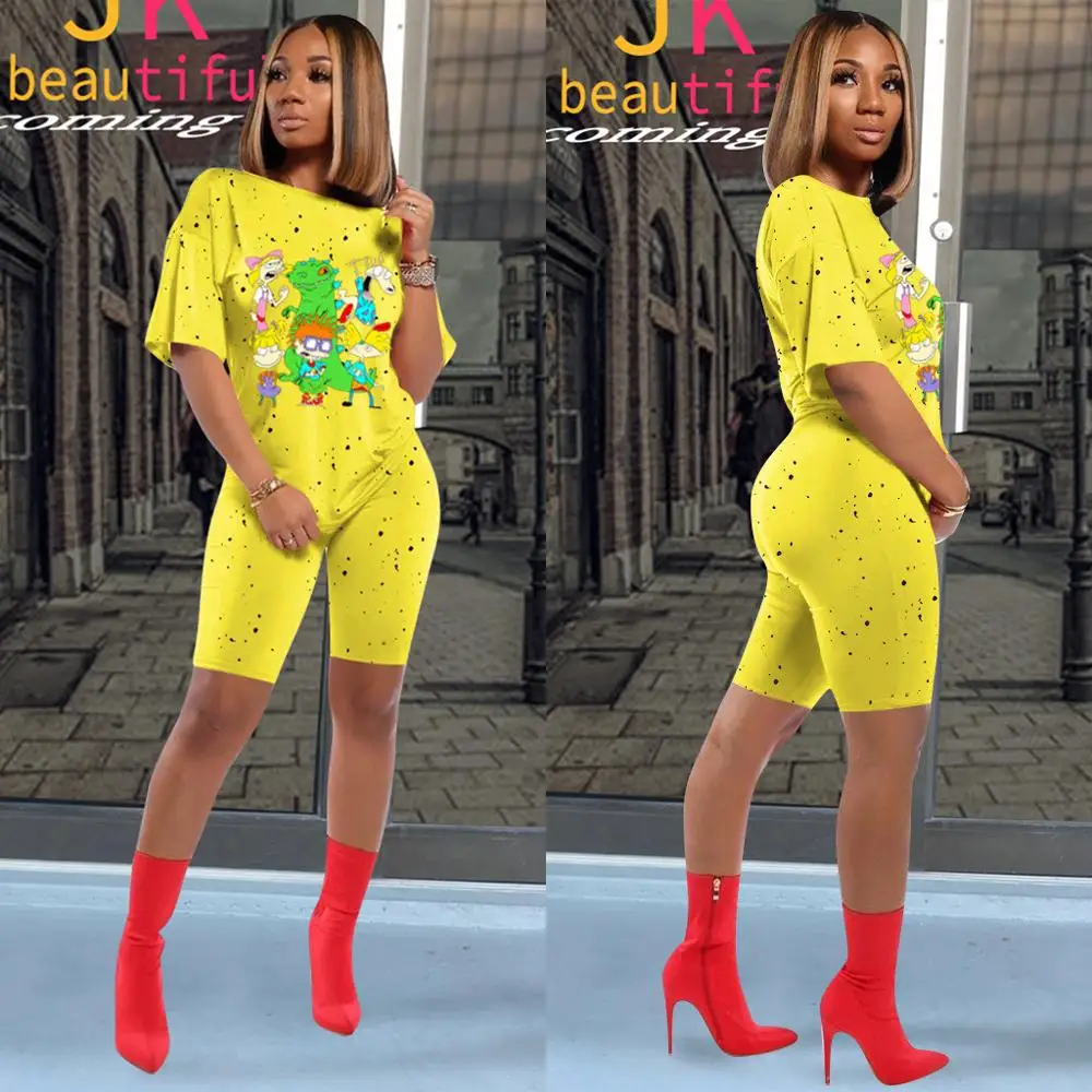 Wjustforu Women's Printed Loose Casual Pants Tracksuit Two Piece Set 10 Colors Summer Short Sleeve Top + Shorts 2 Suit |