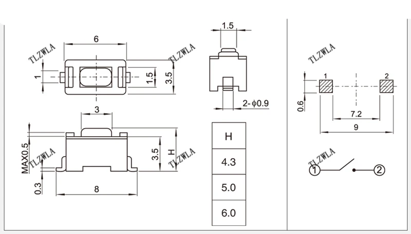 1000 шт./лот 3*6*4 3 мм 2pin SMD тактный Переключатель кнопочный сенсорный Микро 3x6x4 белая