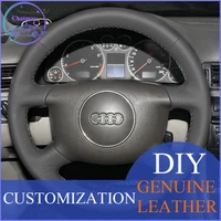 diy for audi a4 2003 2004 2005 2006 2007 hand stitch car steering wheel cover black genuine leather holder