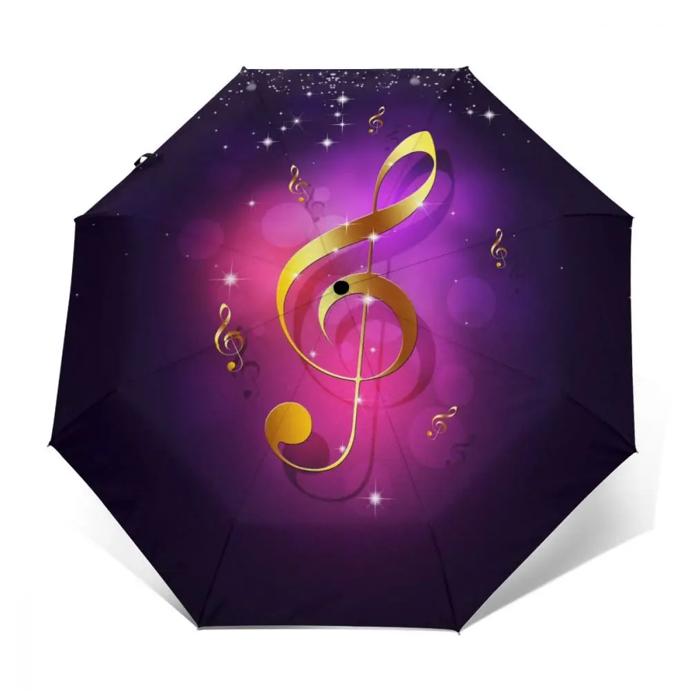 Offerte Ombrello Automatico Pioggia Donna Ombrello A Tre Pieghe Note Musicali Dorate Di Ombrello Viola Antivento Ombrello Impermeabile Femminile