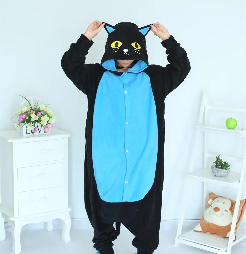 Кигуруми, Полуночный Кот, комбинезон, Черный кот, Пижама для унисекс, для взрослых, пижамы, косплей, костюм, животное, боди, одежда для сна, комбинезон - Цвет: Синий