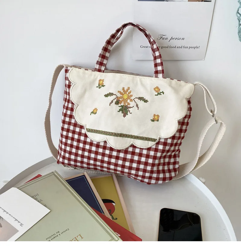 

Fashion Plaid&Floral Canvas Bag Reusable Shopping Tote Female Eco Cloth Handbag Girls Student Crossbody Food Picnic Lunch Bags