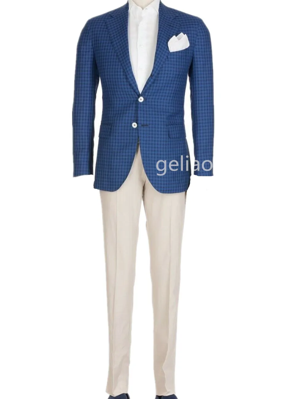 Latest Coat Pant Designs Blue/Red Plaid Men Suit Slim Fit Tuxedo Prom Wedding Groom Tuxedos Best Men Suits Custom Size 2 Piece